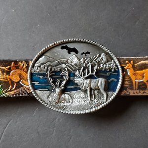 DEER SCENE Design Antiqued Genuine Cowhide Leather Belt with High Detail Epoxy D
